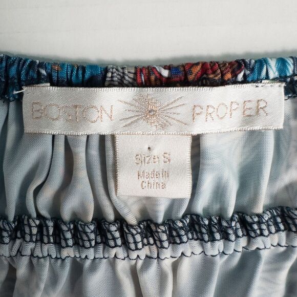 Boston Proper Royal Peacock Flare Sleeve Mini Dress Size Small Abstract Boho - Picture 3 of 16